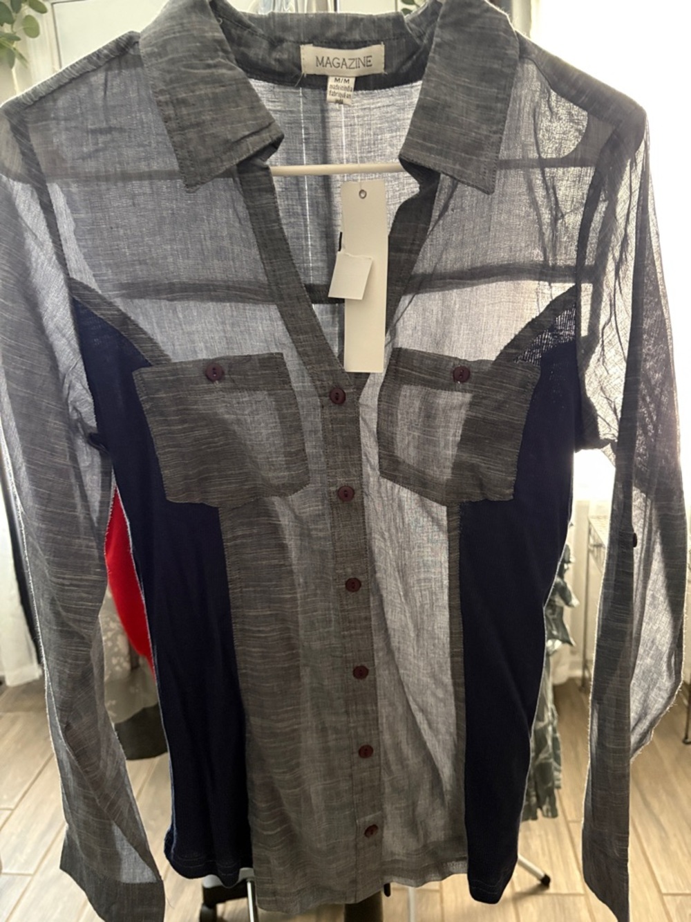 Magazine Sheer Button-Up Shirt in Navy and Gray with Red Accent Medium